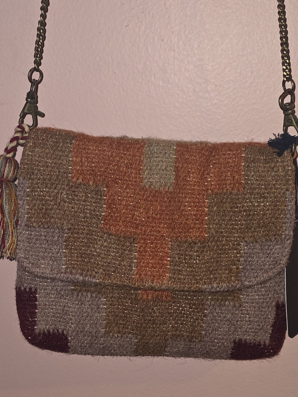 NWT Chloe & Lex Wool Tapestry Chain Crossbody Bag Geometric Aztec Tassel Purse